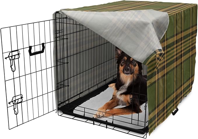 Lunarable Plaid Dog Crate Cover, Tartan Pattern in Autumn Tones Old Fashioned Design Country Illustration, Easy to Use Pet Kennel Cover for Medium Large Dogs, 36 Inch, Olive Green Mustard