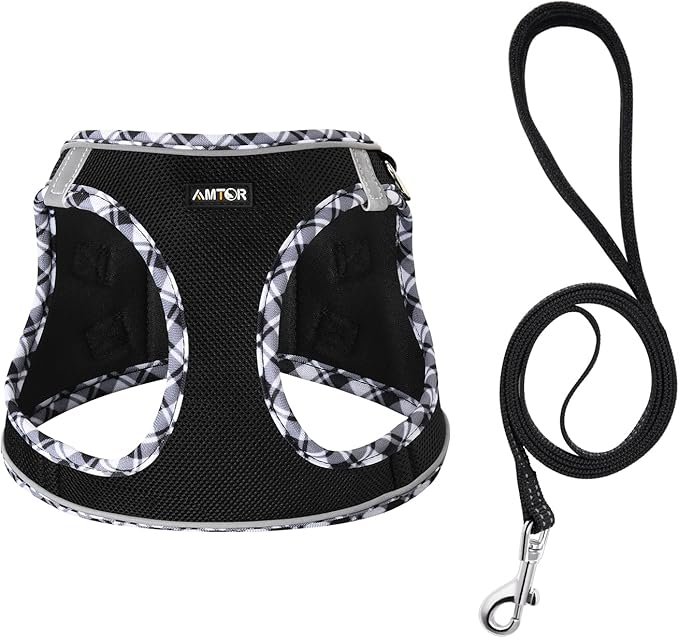 AMTOR Small Dog Harness with Leash Set, No Escape Easy Walk Puppy Harnesses for Training Walking, Step-in Reflective Soft Dogs Vest for XS S Medium Extra-Small Large Sized Dog(Blackwhite,XXS)