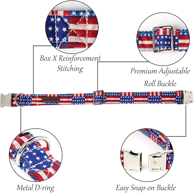 Lionet Paws Patriotic Dog Collar with Sailor Bow, 4th of July, Soft and Comfortable Adjustable American Flag Collar for Large Dogs, Neck 16-24 inches