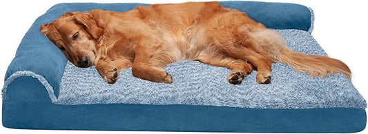 Furhaven Orthopedic Dog Bed for Large Dogs w/ Removable Bolsters & Washable Cover, For Dogs Up to 95 lbs - Two-Tone Plush Faux Fur & Suede L Shaped Chaise - Marine Blue, Jumbo/XL