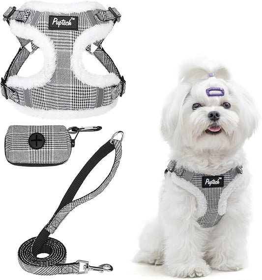 PUPTECK No Pull Dog Harness and Leash Set Reflective No Choke Step in Puppy Halter for XS Small and Medium Sized Dogs, Grey Plaid, Plush, XS