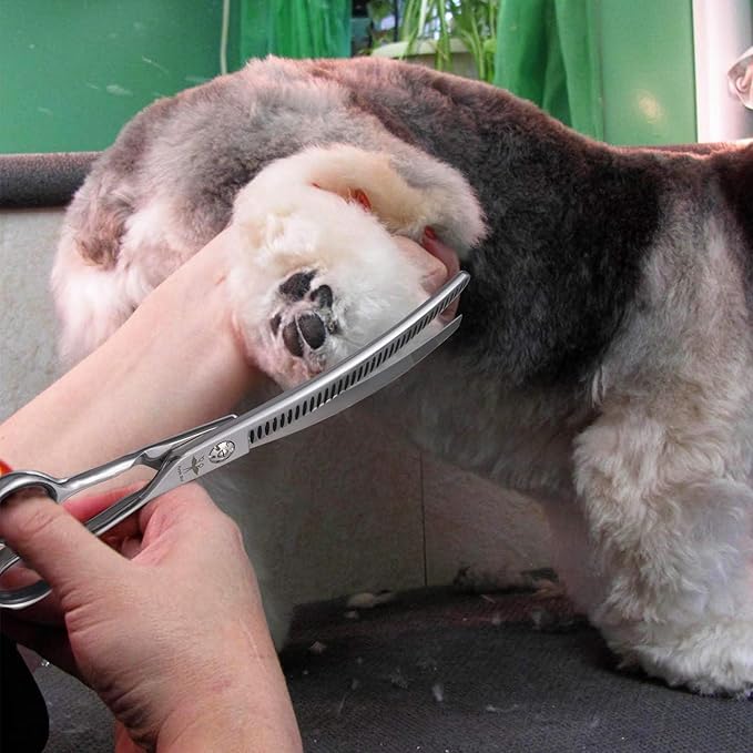 PURPLEBIRD 7 Inch Downward Curved Dog Grooming Scissors Pet Thinning Texturizing Shears Professional Safety Blunt Tip Trimming Shearing for Dogs Cats Face Paws Limbs Japanese Stainless Steel Silver