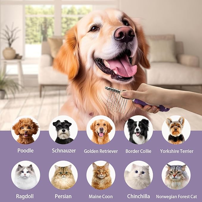 Detangling Pet Comb for Dog & Cat, Grooming Comb with Long & Short Stainless Steel Teeth, Safely Remove Knots & Tangles for Healthy Shiny Coat, Gentle Effective Detangling Tool for Pet Hair (Violet)