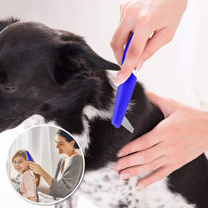Flea Comb for Cats Dog Comb Lice Comb Metal Teeth Durable Tear Stain Dog Combs Remove Float Hair Combing Tangled Hair Dandruff Pet Comb Grooming Set 3 Pieces Add Storage Pouch (Blue)