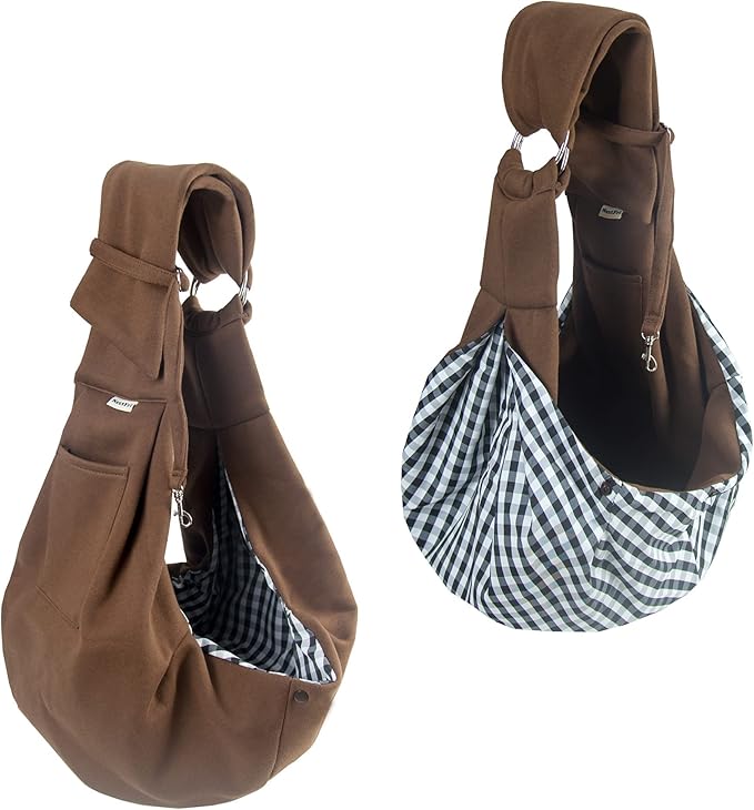 Pet Sling Carrier Adjustable Shoulder Strap Puppy Tote Hands Free Reversible Pet Backpack for Outdoor Travel Classci Brown