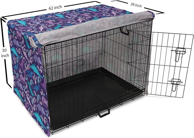 Lunarable Jurassic Dog Crate Cover, Abstract Cartoon Dinosaur Pattern Ferns Caricature Style Creatures Prehistoric, Easy to Use Pet Kennel Cover for Medium Large Dogs, 42 Inch, Blue Purple