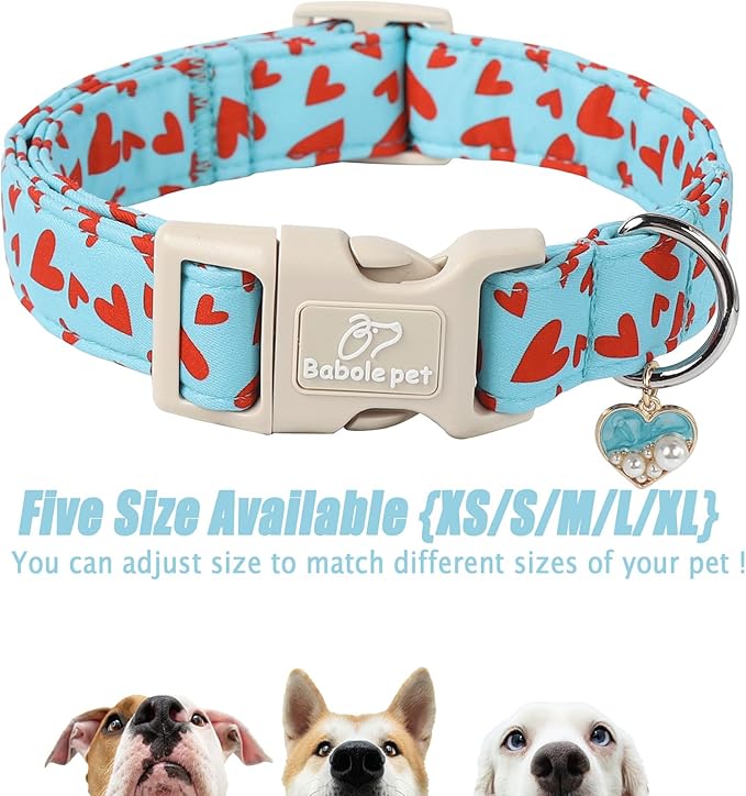 Valentine's Day Dog Collar - Cute Blue Valentines Dog Collar Girl Boy Durable Adjustable Red Heart Pattern Charm Dog Collars for Small Medium Large Dogs XS