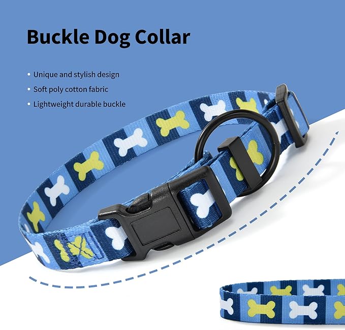 Mile High Life Dog Collar | Nylon Puppy Collars w Cute Patterns | Lightweight Girl Dog Collar | Boy Dog Collar for Small/Medium/Large Dogs (Blue Bone, Large)