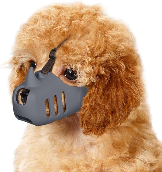LUCKYPAW Dog Muzzle, Soft Muzzle for Small Medium Dogs Poodle Dachshund, Breathable Silicone Cage Mouth Cover to Prevent Biting Chewing, Funny Rhino Shaped Muzzle with Adjustable Head Strap(Grey,XL)