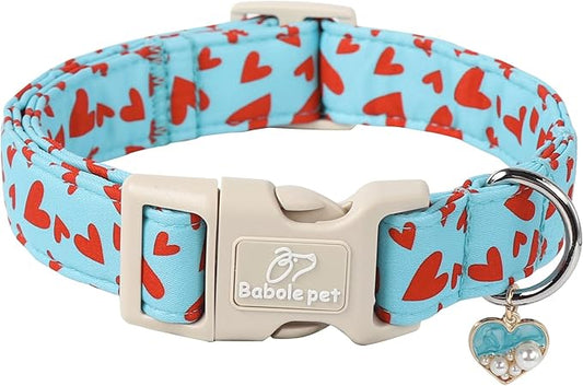 Valentine's Day Dog Collar - Cute Blue Valentines Dog Collar Girl Boy Durable Adjustable Red Heart Pattern Charm Dog Collars for Small Medium Large Dogs M