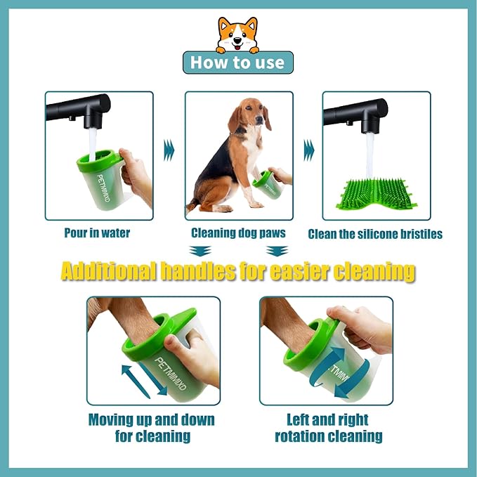 Paw Cleaner with Handle for Dogs (with 2 Absorbent Towels & 2 Adjustable Bath Brushes for Short and Long Hair), Muddy Foot Washer, Green, Medium