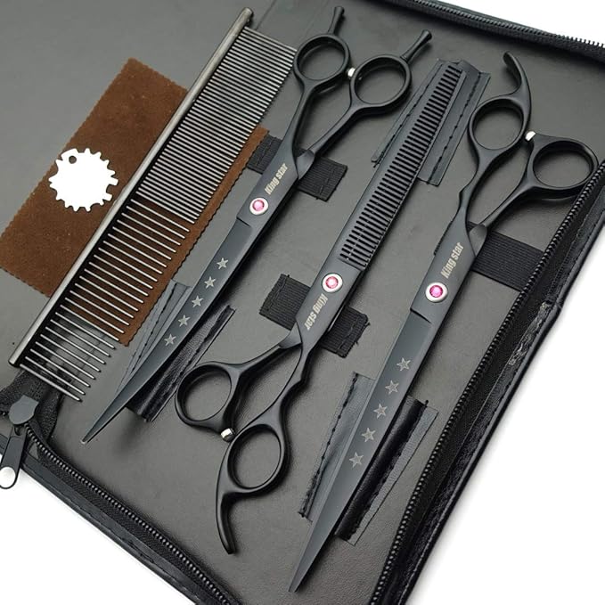 Kingstar 8.0in. Matt Black Professional Pet Grooming Scissors Set,Straight & Thinning & Curved Scissors Set with Comb,Dog Grooming,A559