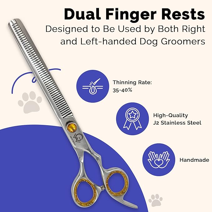 8.5'' Professional Thinning Grooming Scissors for Cats and Dogs, 50-Tooth Blending Shears, Sharp J2 Stainless Steel Blades with Safety Round Tip, Yellow Jeweled Screw, Silver Includes Cleaning Brush.
