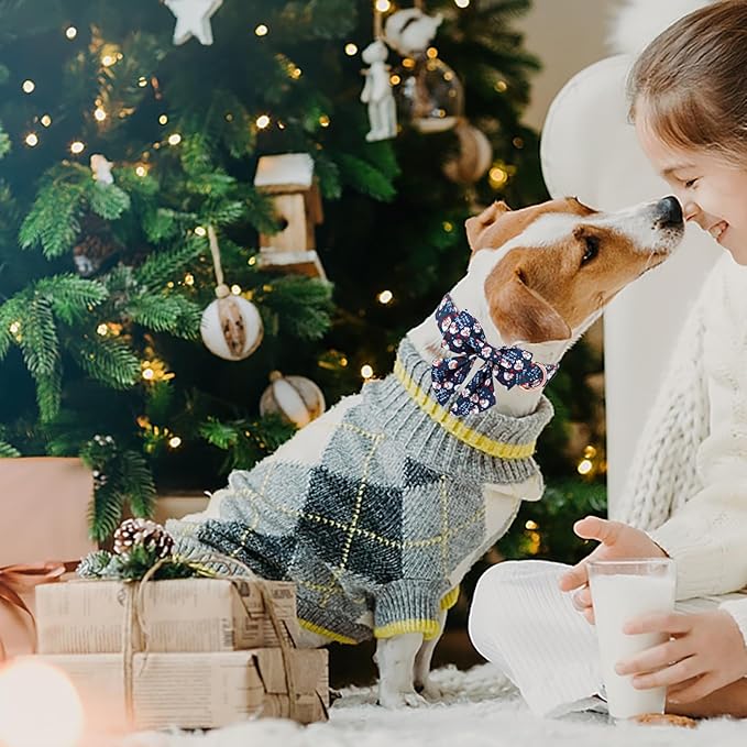 Maca Bates Christmas Santa Dog Collar with Bow Bowtie for Dogs Sailor Bow Tie Adjustable Breakaway Blue Collars Accessories Gift for Small Medium Large XL Puppy with Golden Metal Buckle