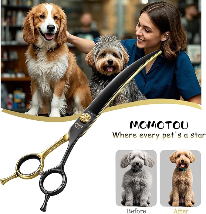 7'' Professional Curved Dog Grooming Scissors with Decorative Screw Sharp and Durable Black and Golden 440C Stainless Steel Dog Shears Easy Use for Groomers and Home User