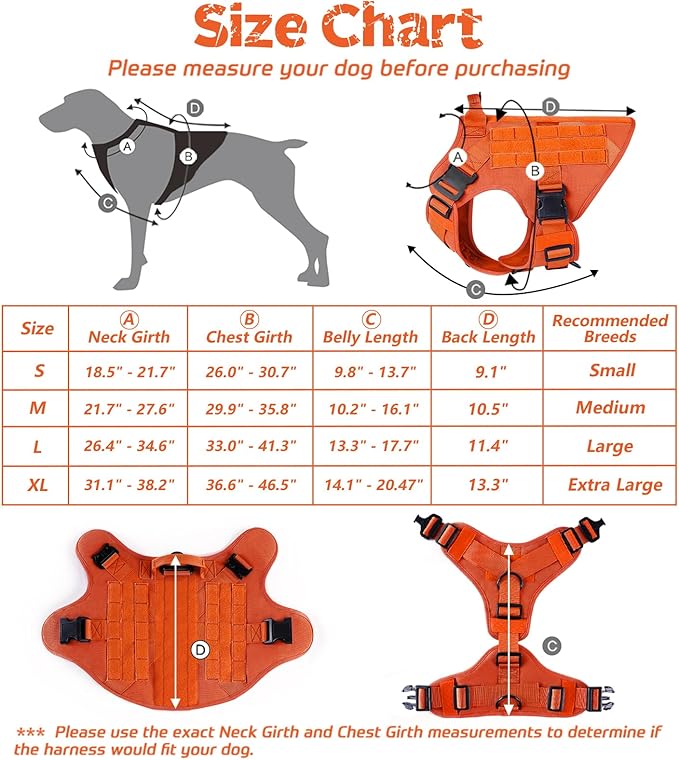 rabbitgoo Tactical Dog Harness for Large Dogs, Heavy Duty Dog Harness with Handle, No-Pull Service Dog Vest Large Breed, Adjustable Military Dog Vest Harness for Training Hunting Walking, Orange, L
