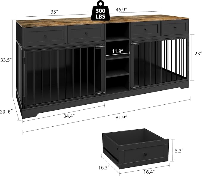 82” Double Dog Crate Furniture, Large Dog Kennel Indoor for 2 Dogs, Heavy Duty Wooden Dog Crate TV Stand with 4 Drawers and Shelves, Black