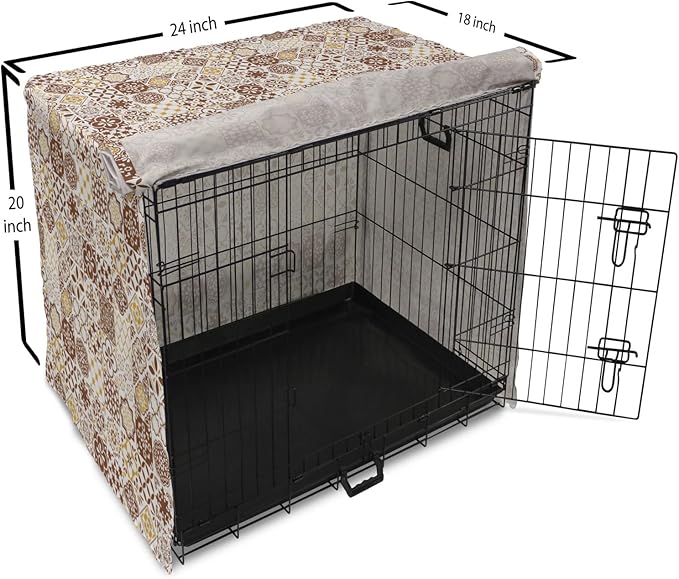 Lunarable Ethnic Dog Crate Cover, Portuguese Azulejo Mosaics with Floral Scrolls Retro Mediterranean, Easy to Use Pet Kennel Cover for Cats & Medium Dogs, 24 Inch, Chocolate Earth Yellow