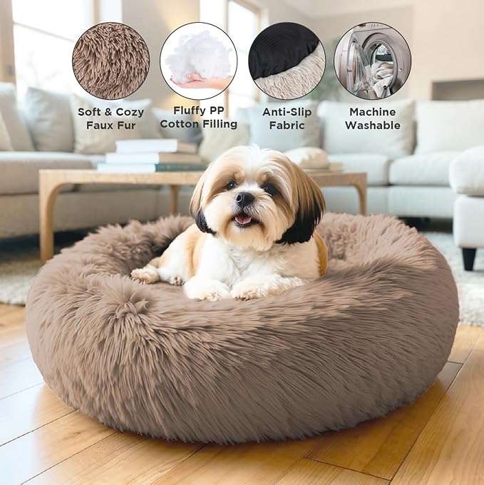 Small Donut Dog Bed, Calming Dog Bed Washable Ideal for Small to Large Dogs and Cats & Round Dog Bed,Anti-Anxiety Multiple Sizes(Brown, Combo X-Small (21" L x 21" W x 7" Th))