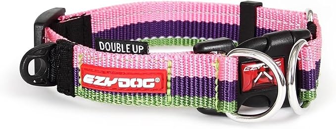 EzyDog Double Up Premium Nylon Dog Collar with Reflective Stitching - Double D-Rings for Superior Strength, Safety, and Comfortability - Non-Rusting and Includes an ID Attachment (Small, Bubble Gum)