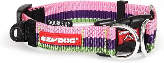 EzyDog Double Up Premium Nylon Dog Collar with Reflective Stitching - Double D-Rings for Superior Strength, Safety, and Comfortability - Non-Rusting and Includes an ID Attachment (Small, Bubble Gum)