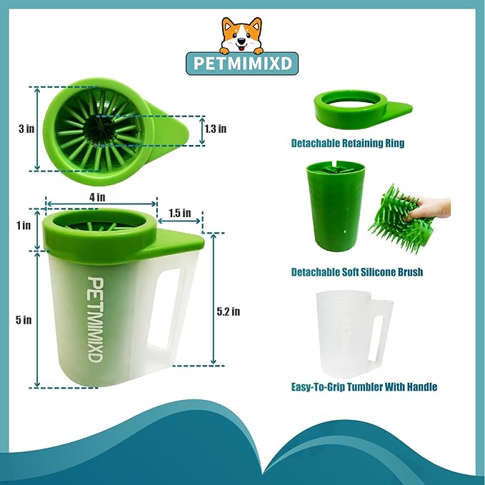 Paw Cleaner with Handle for Dogs (with 2 Absorbent Towels & 2 Adjustable Bath Brushes for Short and Long Hair), Muddy Foot Washer, Green, Medium