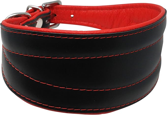 Real Leather Extra Wide Padded Tapered Dog Collar Glossy Black Greyhound Saluki Deerhound Lurcher Whippet Dachshund (14.25"-17" Neck; 2.5" Wide, Red)
