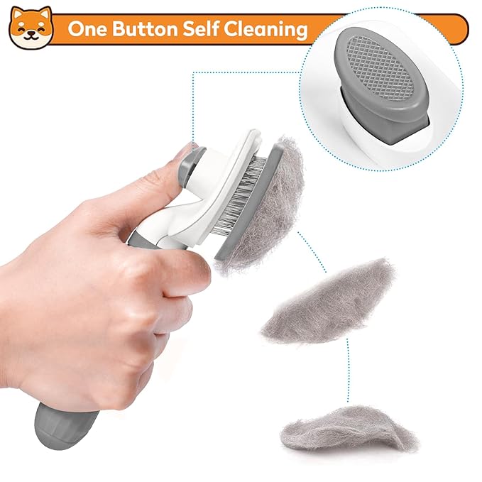 Dog & Cat Brush, Self Cleaning Slicker Brush for Pets, Upgraded Dog Brush for Shedding Massaging and Grooming, Removes Loose Undercoat & Portable Comb for Long Short Haired Dogs(Gray)