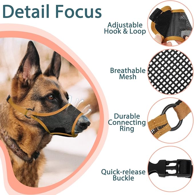 LUCKYPAW Dog Muzzle, Mesh Dog Muzzle for Large Medium Small Dogs, Soft Muzzles for Biting Chewing Fierce Barking, Breathable Muzzle with Adjustable Strap for Training (Brown, XS(Snout:6.5"-7.5"))