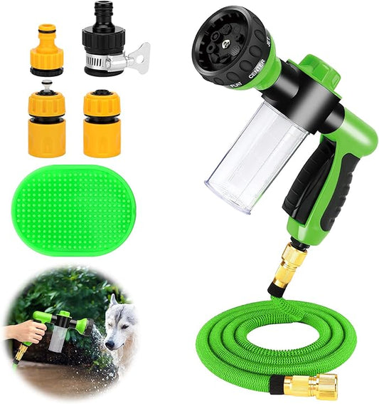 Rypet Dog Wash 7 Pieces Pet Bathing Tool Set Includes Expandable Hose Nozzle Foam Sprayer Connector Dog Rubber Brush for Bathing Pets, Washing Cars and Watering Plants