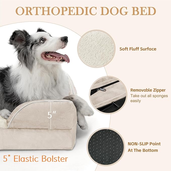 XL Dog Beds for Extra Large Dogs, Waterproof Orthopedic Dog Bed with Bolster, Washable Dog Bed Sofa with Removable Cover & Non-Slip Bottom(X-Large,Beige)