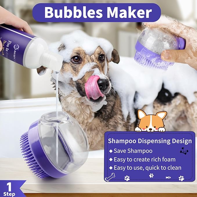 Comotech 3PCS Dog Bath Kit | 5-1 Dog Shampoo and Conditioner | Dog Bath Brush | Dog Scrubber for Bath | Amino Acid Formula (Natural Coconut Oil) Suitable for Puppies and All Pets with Hair - 17oz
