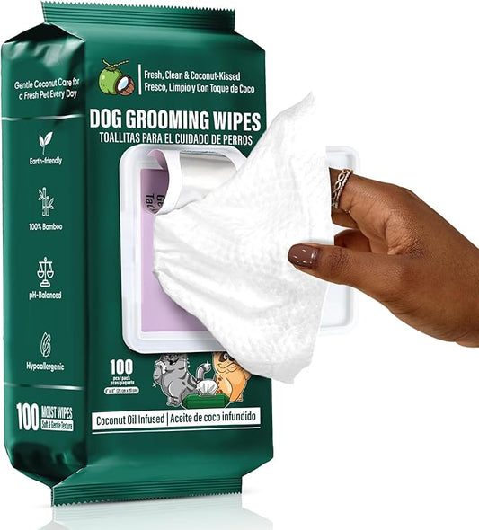 Dog Wipes for Paws and Bum, Hypoallergenic Pet Grooming Wipes Natural and Gental, 100 Wipes for Cleaning & Grooming Moisturizing Coconut