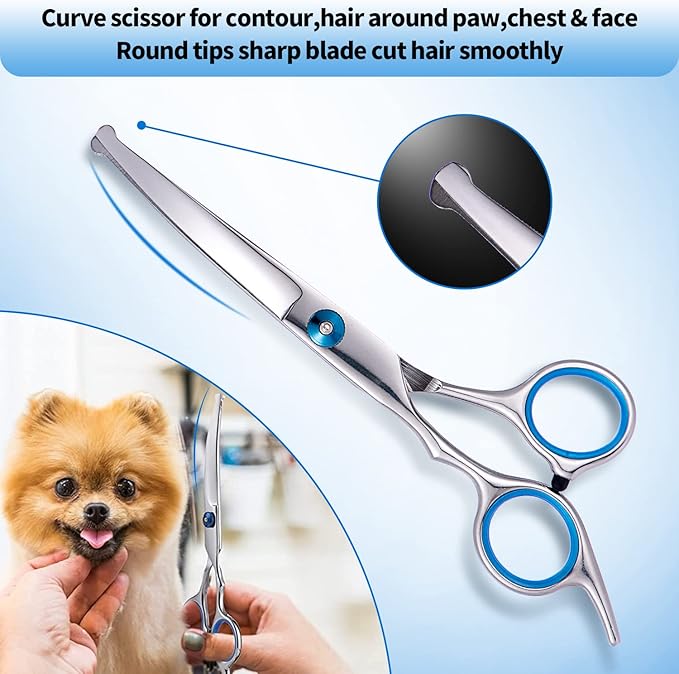 Professional Dog Grooming Scissors Kit with Round Tip Pet Grooming Scissors Kit-Straight & Thinning & Curved Pet Trimming Cutting Shears & Comb Set for Dog & Cat Grooming