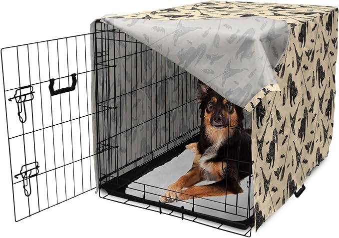 Lunarable Halloween Dog Crate Cover, Sketch Drawn Bat Cat Spider Witch Hat and Broom Pattern, Easy to Use Pet Kennel Cover for Medium Large Dogs, 36 Inch, Grey Beige Charcoal