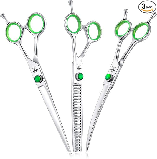 PURPLEBIRD 7 Inch Straight, Downward Curved Dog Grooming Scissors Set Professional Pet Cutting, Thinning Texturizing Shears Safety Blunt Tip Trimming Shearing Dog Cat Japanese Stainless Steel Silver
