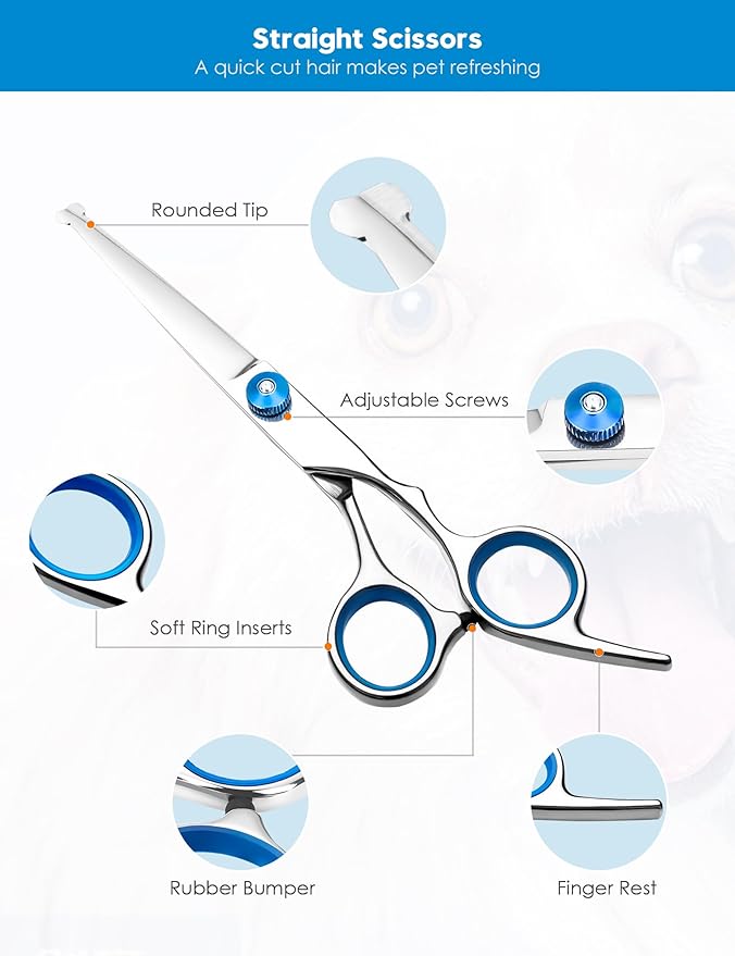 SUMFREY Dog Grooming Scissors with Safety Round Tips，Professional 5 in 1 Dog Grooming Kit ，Dog Scissors for Grooming Sharp and Durable, DGS001