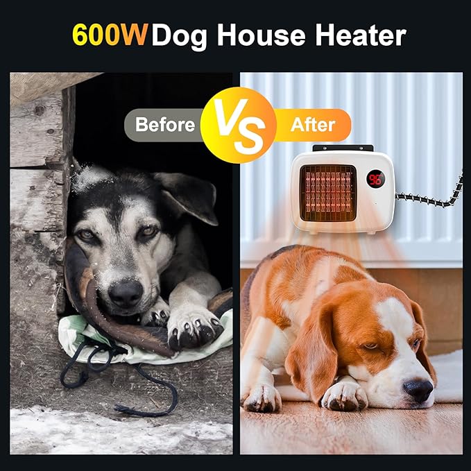 Dog House Heater for Outdoor & Indoor Use - 600W/300W Safe & Efficient Heating for Pet Houses, Chicken Coops, Rabbit Hutches - Wall-Mounted Design with Overheat Protection & Anti-Chew Cord (white)