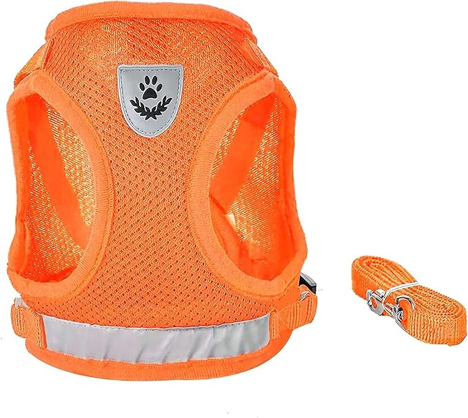 FEimaX Dog Harness and Leash Set for Walking, Soft Mesh Adjustable Easy Control Lightweight Cat Vest Harnesses with Reflective Strips, Escape Proof Small Dogs Cats Vests (Orange, Large)