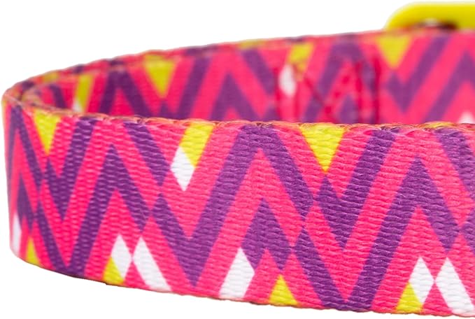 Mile High Life Dog Collar | Cute Puppy Collars | Lightweight Girl Dog Collar | Soft Boy Dog Collars | w Geometric Ocean Wavy Pattern (Pink/Purple, Large)