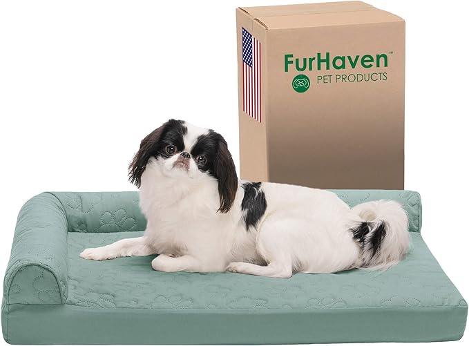 Furhaven Orthopedic Dog Bed for Medium/Small Dogs w/ Removable Bolsters & Washable Cover, For Dogs Up to 35 lbs - Pinsonic Quilted Paw L Shaped Chaise - Iceberg Green, Medium