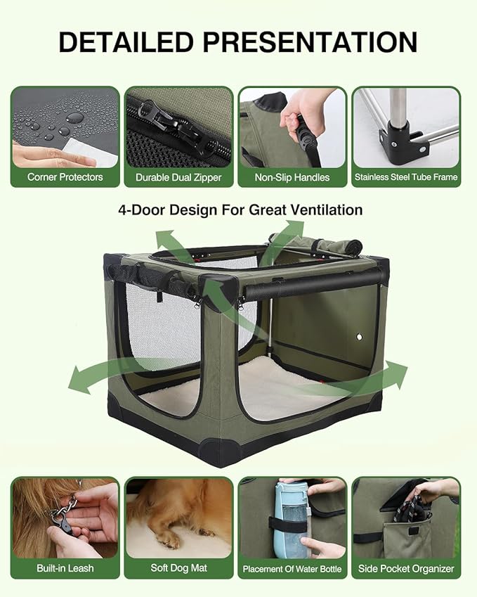 30 Inch Collapsible Travel Dog Crate for Medium Large Dogs, Portable Dog Crate 4-Door Foldable Soft Kennel with Chew-Proof Mesh Windows for Indoor & Outdoor Travel,with Storage Bag,Green