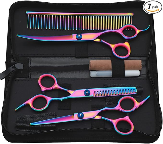Pet Grooming Scissors Set, 7 in 1 Dog Grooming Scissors Set with Storage Box, Includes Straight & Thinning & Curved Scissors
