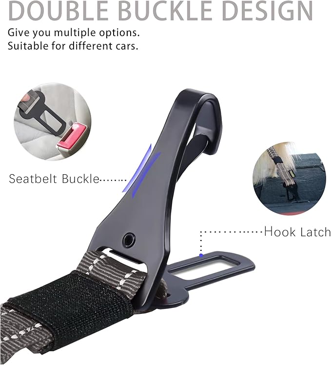 AUBELL Dog Seat Belt, Updated 3-in-1 Pet Car Seat Belt for Dogs, Bungee Dog Car Tether with Clip Hook Latch & Buckle, Heavy Duty Dog Car Harness with Swivel Aluminum Carabiner,Black+Grey