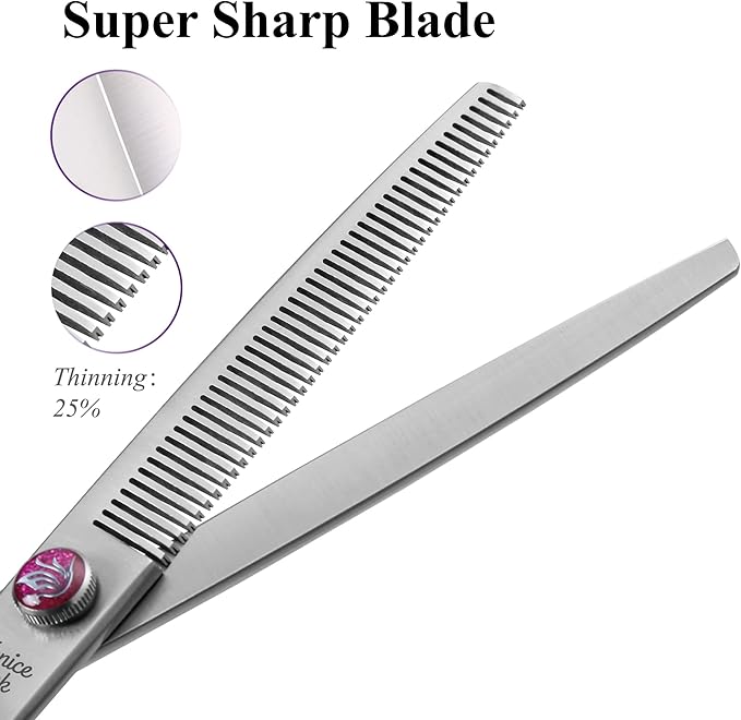 Fenice Peak 8'' Dog Grooming Scissors Set 4PCS Straight Curved Thinning Chunker Shears with Purple Finger Rings and Flashing Screw 440C Stainless Steel Natural Color Trimming Shears Durable and Sharp