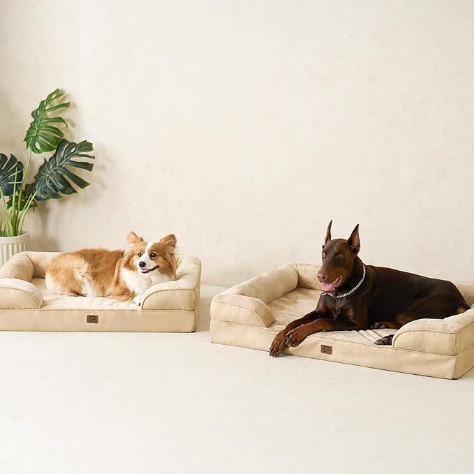 EHEYCIGA Orthopedic Dog Beds for Extra Large Dogs, Waterproof Memory Foam XL Dog Bed with Sides, Non-Slip Bottom and Egg-Crate Foam Big Dog Couch Bed with Washable Removable Cover, Greige