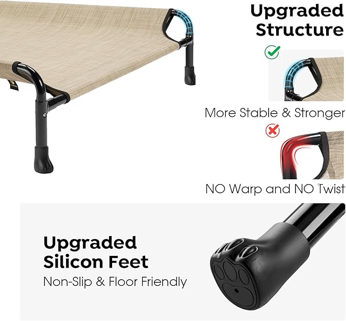 Veehoo Elevated Dog Bed, Cooling Raised Dog Bed with Guardrail & Headrest, Upgraded Non-Slip Silicon Feet, Breathable Teslin Mesh, Portable Pet Cot for Indoor and Outdoor, 35 x 22 Inches, Beige Coffee