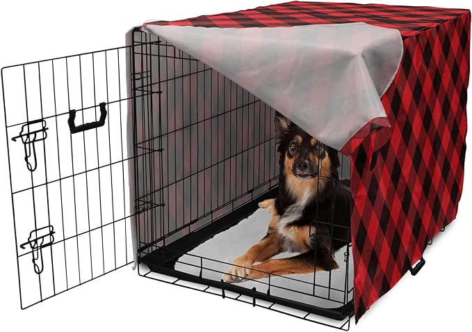 Lunarable Buffalo Plaid Dog Crate Cover, Grid Style Illustration with Horizontal Lines Pattern Diamond, Easy to Use Pet Kennel Cover for Medium Large Dogs, 36 Inch, Orange and Charcoal Grey