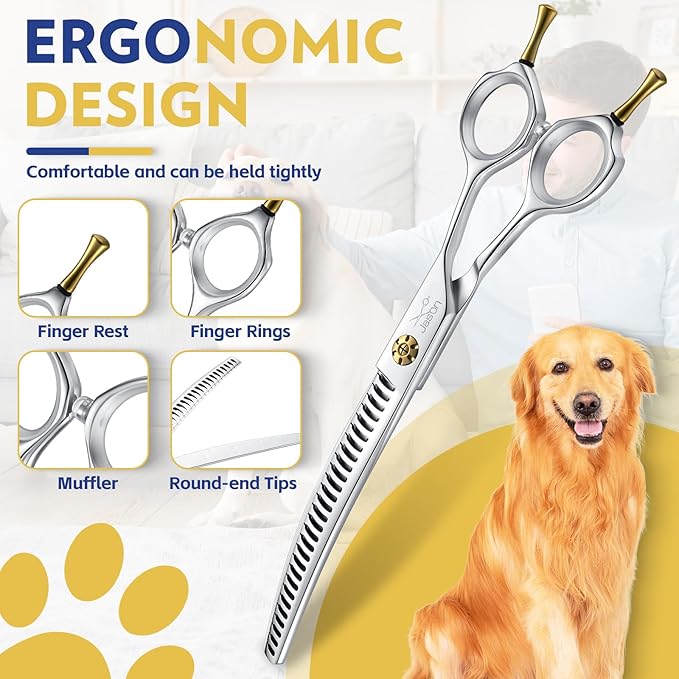 JASON 7" Dog Grooming Shears - Professional Down-curved Chunker Shears with 60%-65% Thinning Rate, Japanese 440C Stainless Steel Dog Grooming Chunkers with Adjustable Screw (28 Teeth, Silver)