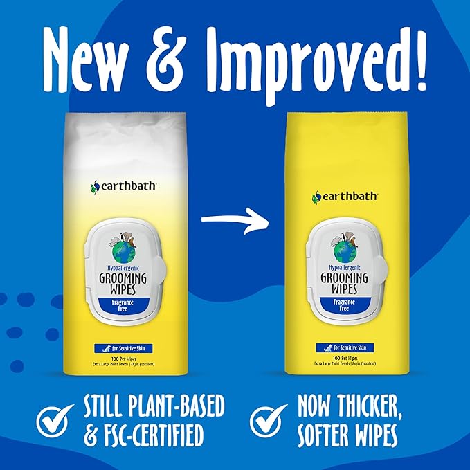 earthbath, Hypo-Allergenic Grooming Wipes - Fragrance Free Dog Wipes for Paws and Butt, Best Pet Wipes for Dogs with Sensitive Skin, Made in USA, Cruelty-Free Dog Cleaning Wipes - 100 Count (2 Pack)